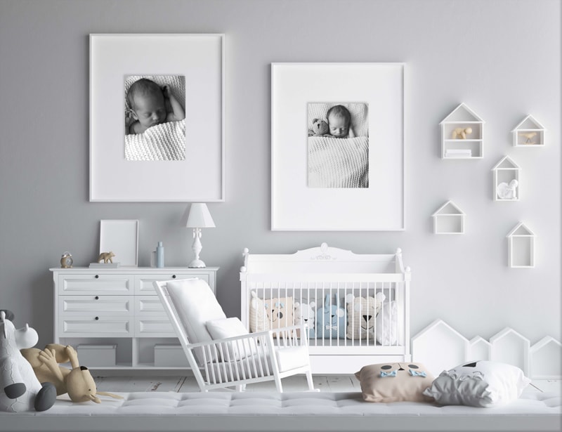 London Family Photographer, bedroom mockup image with two pictures on the wall